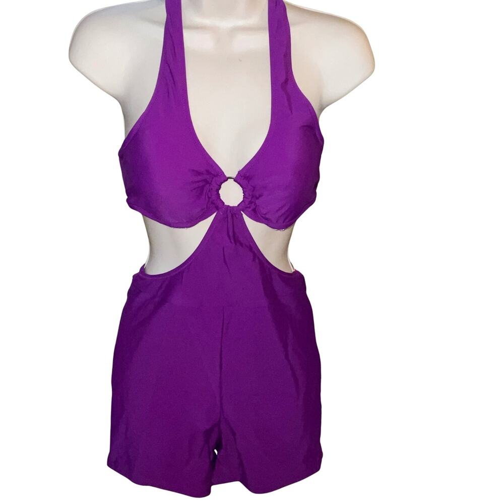 Purple Cutout Swim Romper O-Ring Halter Swimsuit Shorts One Piece Size M NWT